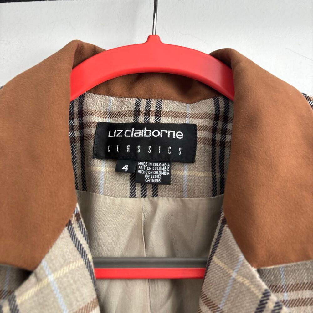 Vintage Liz Claiborne Classic Wool Plaid Tweed Suede Collar Jacket 4 Academic - Picture 5 of 10
